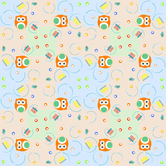 Set of elements - owls, birds, gift boxes. Seamless background
