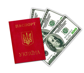 Ukrainian passport and dollars on white background