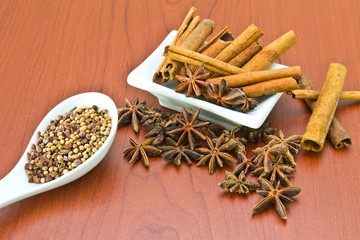 Spices on wooden background