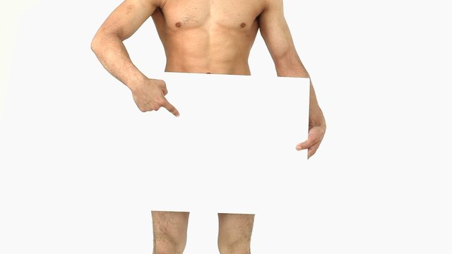 Naked man pointing at a white board