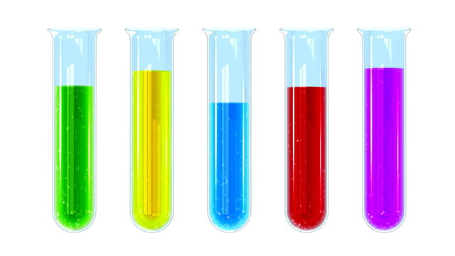 Test tubes filled with colored, bubbling liquid. Camera move.