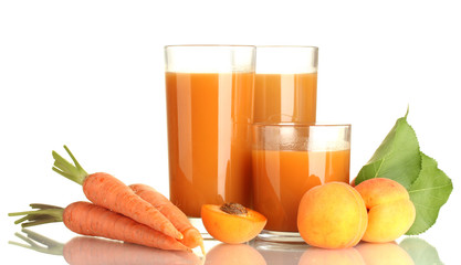 glasses of carrot and  apricot juice isolated on white