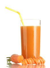 glass of carrot juice and fresh carrot isolated on white