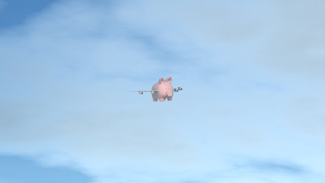 A pig flies past the camera like a passenger jet.