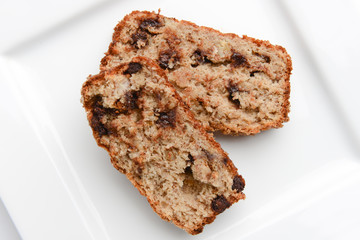 Slices of delicious banana bread on a white plate