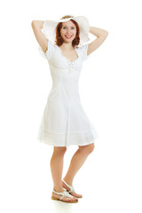 Happy beautiful sexy young woman in white dress