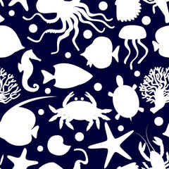 Sea animals silhouttes seamless pattern, vector