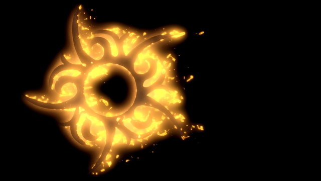 A flat tribal sun tattoo shape bursts into flames.