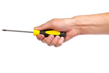 Hand holding a yellow and black screwdriver - obrazy, fototapety, plakaty