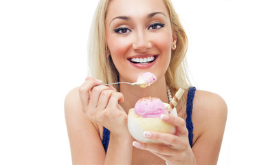 Happy woman eating ice cream,isolated on white