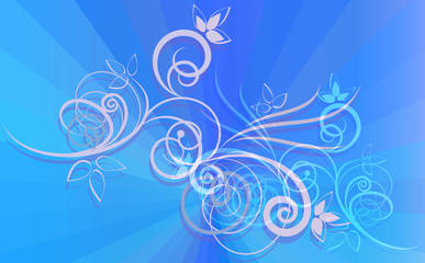 Fototapeta na wymiar Floral ornament on blue rays background.