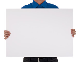 man in shirt holding blank sign