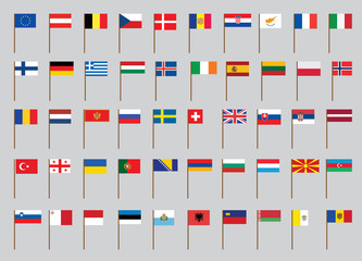 set of European flags on flagstaff vector illustration