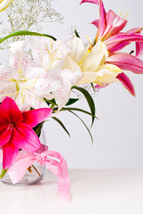 white and pink lily flowers