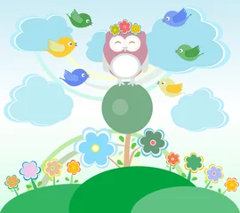 Cercles muraux Arc en ciel Fond avec des fleurs, des oiseaux et un hibou assis sur l& 39 arbre