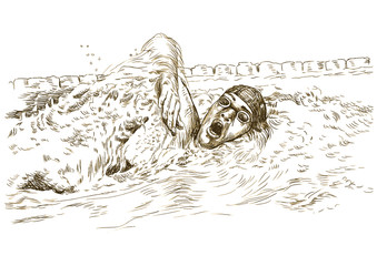 Swimmer, crawl - Hand drawing picture into vector