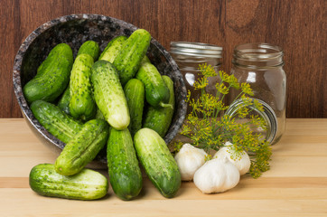 Bowl of fresh pickles garlic and dill