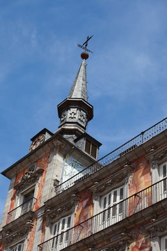 Detail of a decorated facade at the Palza Mayor, Madrid, Spain.