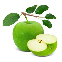 Green apple with leaves and slice isolated on white