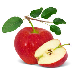 Red apple with leaves and slice isolated on white