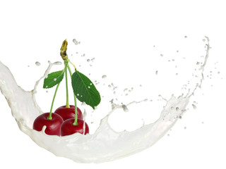 Fototapeta na wymiar Milk splash with cherries isolated on white