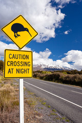 Kiwi Crossing road sign and volcano Ruapehu NZ