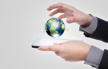 Business man using a touch screen device against white backgroun