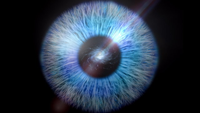 Slow zoom in to a galaxy of stars as the pupil of an eye.