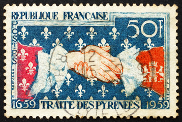 Postage stamp France 1959 French-Spanish Handshake