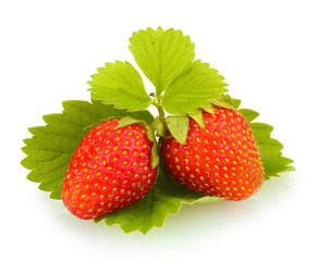 sweet ripe strawberries with leaves isolated on white