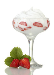 glass of ripe strawberries with cream isolated on white