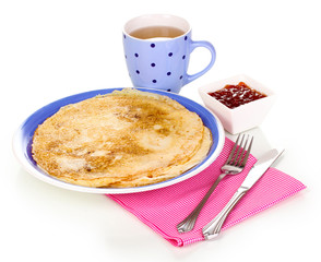 Stack of tasty pancakes isolated on white