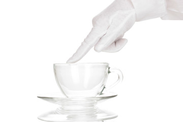 Female hand checking cleanliness isolated on white