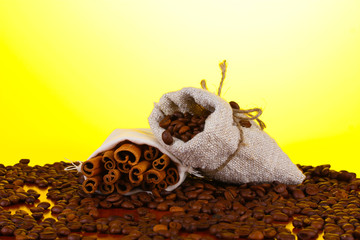 Coffee beans is poured out of the canvas sack