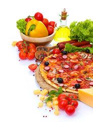 delicious pizza, vegetables and salami isolated on white.