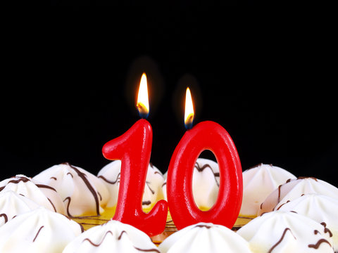Birthday cake with red candles showing Nr. 10
