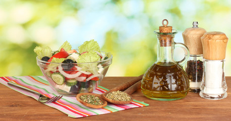 tasty greek salad on bright green background