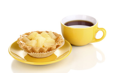 sweet cake with cup of tea isolated on white