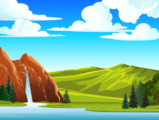 Summer landscape with waterfall and hills - 43455126
