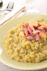 bowl of split pea soup and bacon