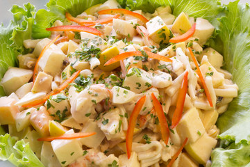Fresh Vegetable salad with potato, red pepper, shrimps
