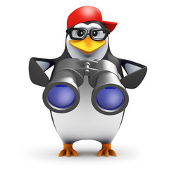 3d Penguin in baseball cap with binoculars