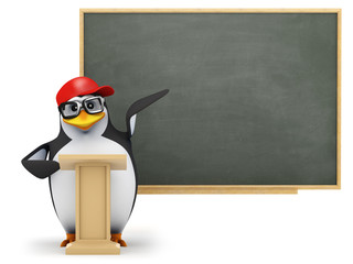 3d Penguin in baseball cap points at blackboard