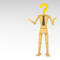 The wooden doll with Question mark 3d illustration