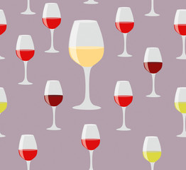 Elegant seamless of glasses of red and white wine on color backg