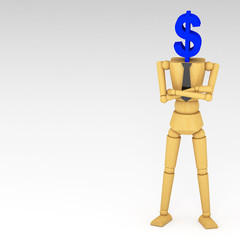 The wooden doll with dollar sign 3d illustration