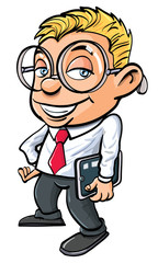 Cartoon cute nerdy office worker with tablet pc