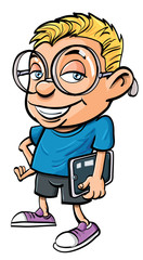 Cartoon nerd with glasses holding a tablet computer. Isolated