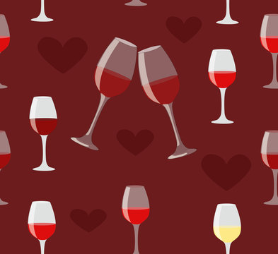 Glass of wine and heart seamless illustration on love dark red b
