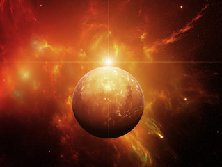 Planet with Nebula and Red Dwarf Star - obrazy, fototapety, plakaty